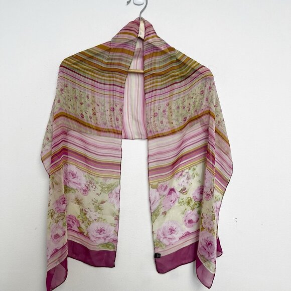 Italy Made Floral Roses Striped Pink Silk Scarf - Picture 7 of 9
